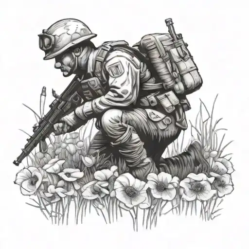 soldier kneeling in poppy field tattoo design idea