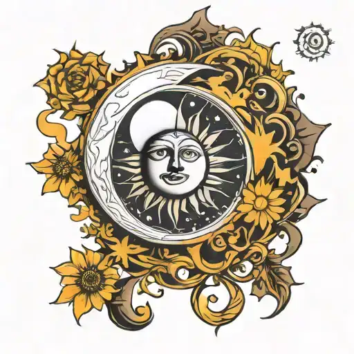Sun with crescent moon inside with 2001 following the inside curve of the moon tattoo design idea
