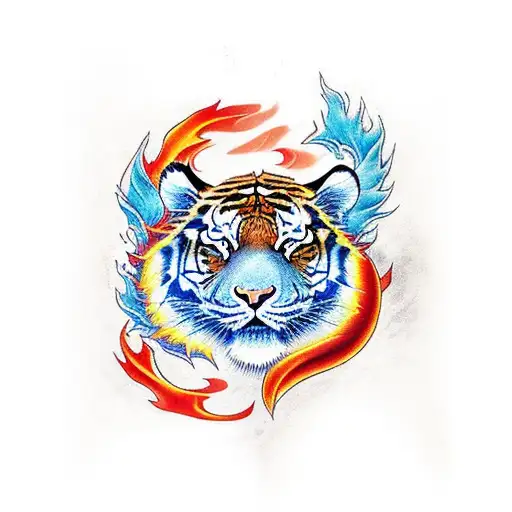 Tiger with Fire and Water background  tattoo design idea