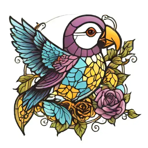  purple yellow light blue stain glass and puffin tattoo design idea