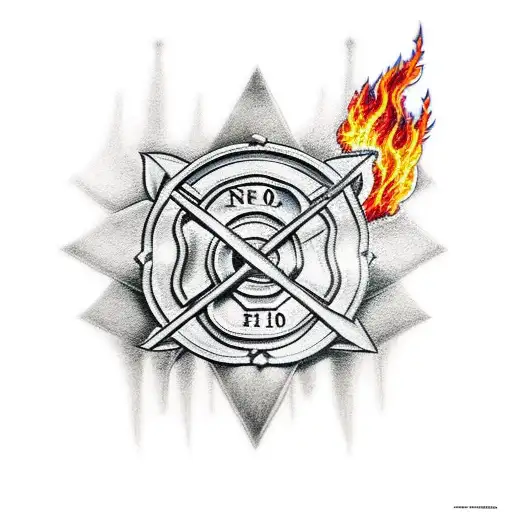  half firefighter, half Spartan warrior, from the chest up, with an ancient city in flames in the background tattoo design idea