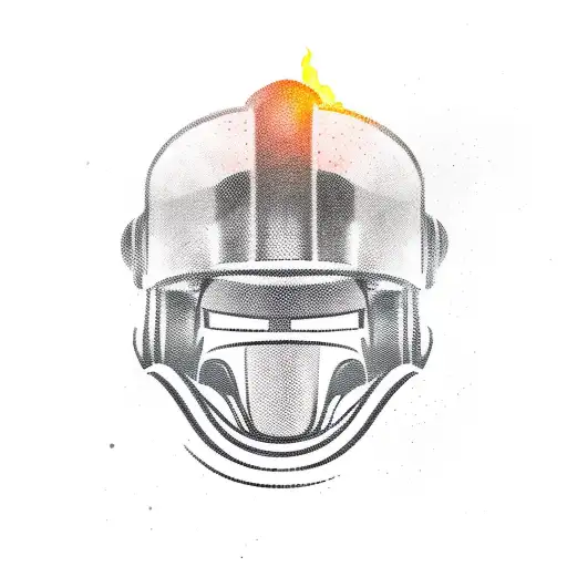 half spartan helmet, half firefighter helmet, chest and head tattoo design idea