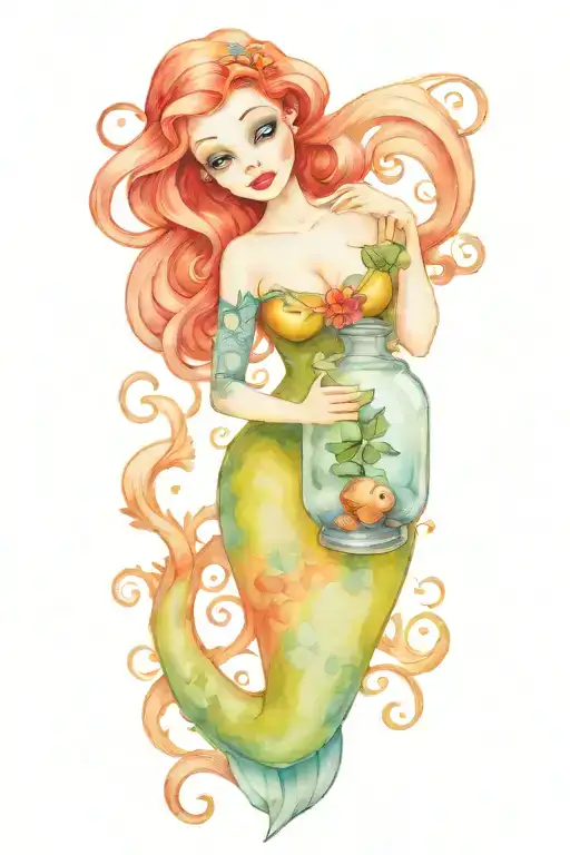 Disney's Little mermaid holding a dead nightshade jar from nightmare before Christmas with a Coraline skeleton Key  tattoo design idea