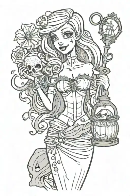 Disney's Little mermaid holding a dead nightshade jar from nightmare before Christmas with a Coraline skeleton Key  tattoo design idea