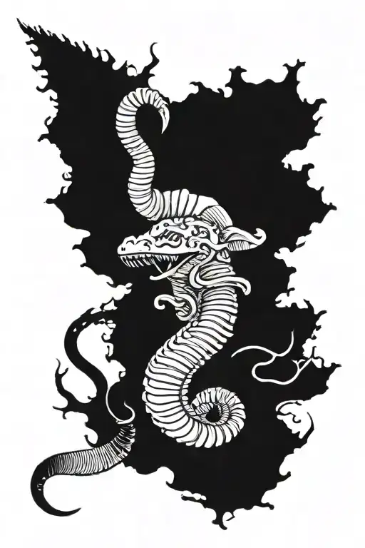 a fine line detailed tattoo of a snake stone ammonite with a snake coming out of the head, with the snake extending far. tattoo design idea