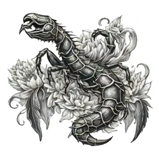 scorpion crysanthemum a crescent moon in background tattoo design idea
