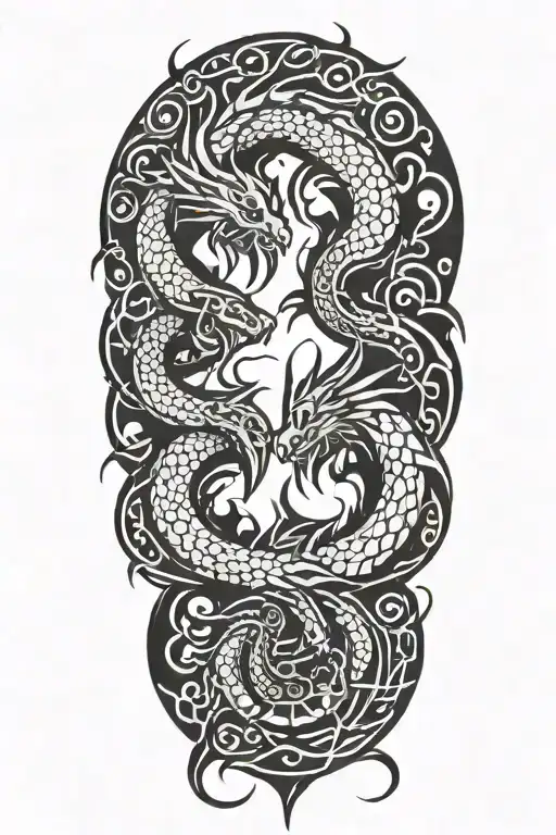 2 dragons intertwined. they're also human. they're in love but complicated past and have been thru a lot. bright future tattoo design idea