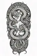 2 dragons intertwined. they're also human. they're in love but complicated past and have been thru a lot. bright future tattoo design idea