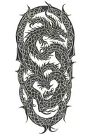 2 dragons intertwined. they're also human. they're in love but complicated past and have been thru a lot. bright future tattoo design idea