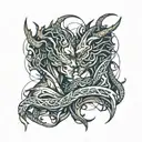 human male and female lovers intertwined with dragon heads on human bodies wrapped tattoo design idea