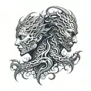 human male and female lovers intertwined with dragon heads on human bodies wrapped tattoo design idea