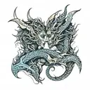 human male and female lovers intertwined with dragon heads on human bodies wrapped tattoo design idea