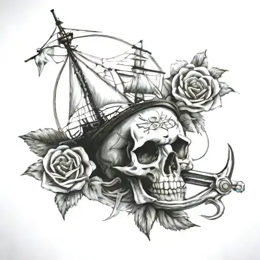 skull rose and ship wheel tattoo design idea