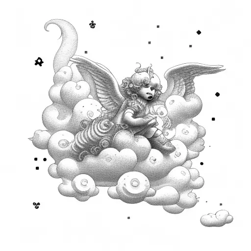 cherub on cloud rolling dice  tattoo design idea