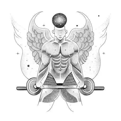 A tattoo of a weightlifter with angel wings lifting a barbell, surrounded by stars and galaxies tattoo design idea
