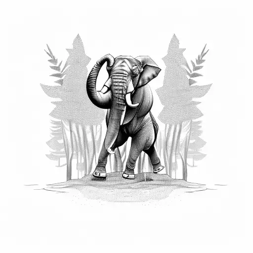 A tattoo of a muscular elephant holding a sword, standing in a forest with a coffee mug in its trunk tattoo design idea