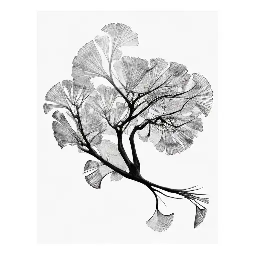 ginkgo tree where the roots become a mountain, leaves floating off it tattoo design idea