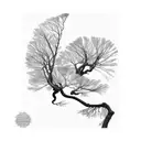 ginkgo tree with a mountain underground for roots and leaves floating away from the tree tattoo design idea