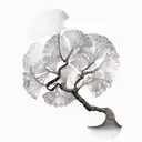 ginkgo tree with a mountain underground for roots and leaves floating away from the tree tattoo design idea