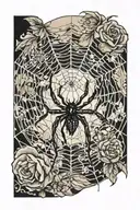 spider with a family web in the background black tattoo design idea