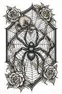 spider with a family web in the background black tattoo design idea