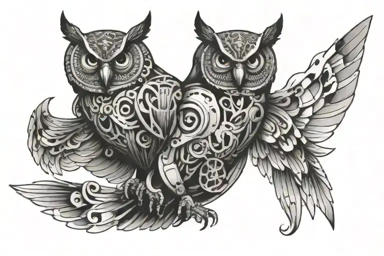 mechanical owl flying tattoo design idea