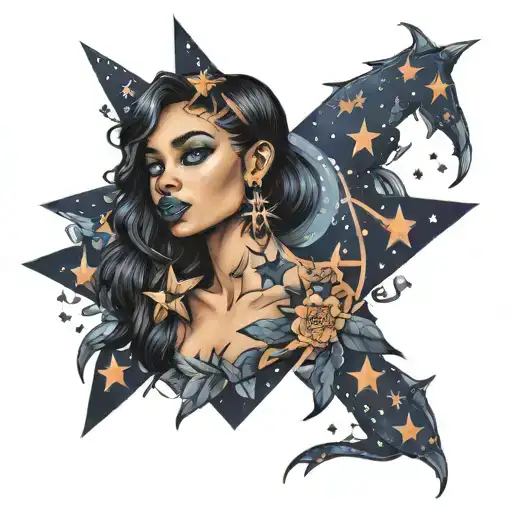 girl with indigo skin and stars tattoo design idea
