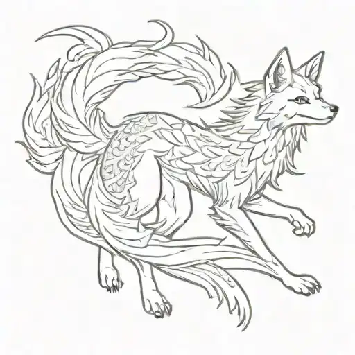 A full-length kitsune with 5 tails, head pointing down, tails fluttering from above tattoo design idea