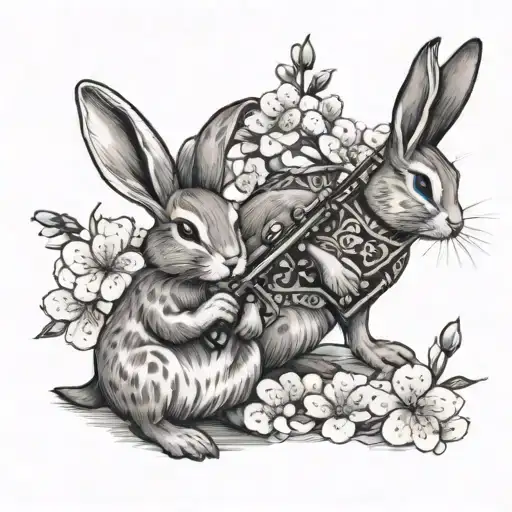 Two rabbits in love under cherry blossoms and a flute with Chinese-style ornaments on the floor tattoo design idea