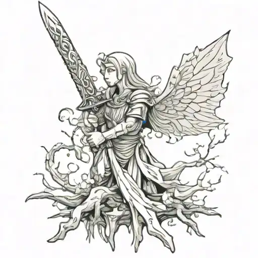 Old tree Sword with fairy  tattoo design idea