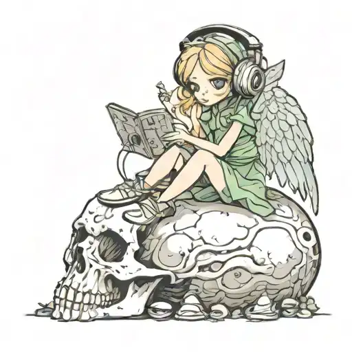 fairy sitting on skull wearing headphones tattoo design idea