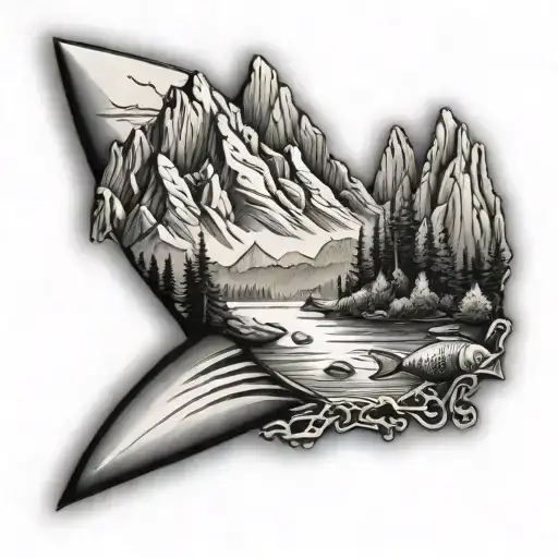 A detailed fishing lure with a mountain landscape inside it, symbolizing the client's love for fishing and mountains tattoo design idea