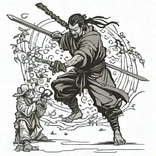 Concept: The ronin is engaged in a fierce sword fight, his katana clashing with that of an unseen opponent. His pose is  tattoo design idea