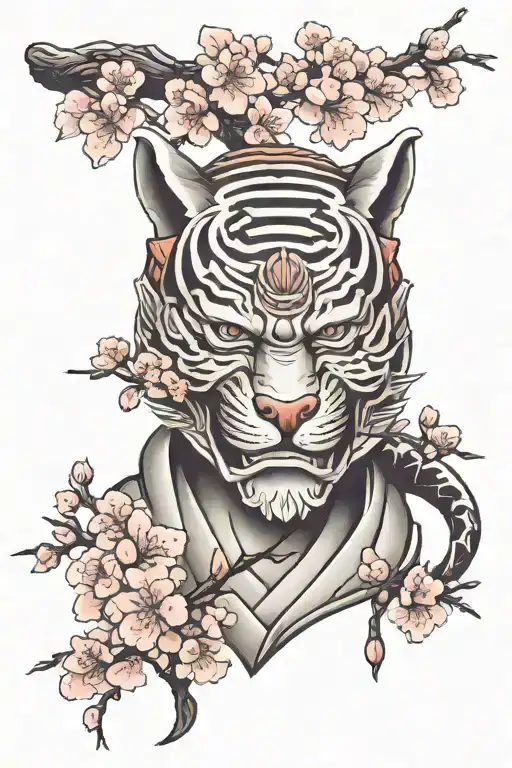 samurai mask, cherry blossoms and tiger tattoo design idea