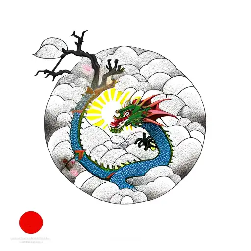 Dragon circling the Cherry blossom tree of life with a japanese sun in the background tattoo design idea