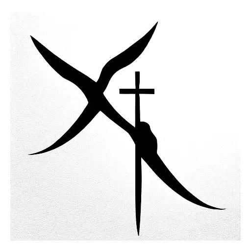 a Swallows and a christian cross a date 5.08.23 and the letters R J A R tattoo design idea
