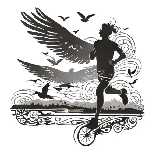 A silhouette of a runner at sunrise, with birds flying overhead tattoo design idea