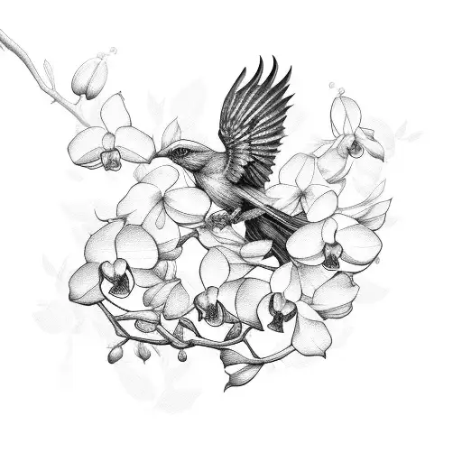 Eminem inspired mockingbird with orchids tattoo design idea