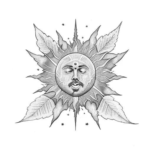 A sun with marijuana leaves as rays, surrounded by lyrics from $uicideboy$ songs tattoo design idea