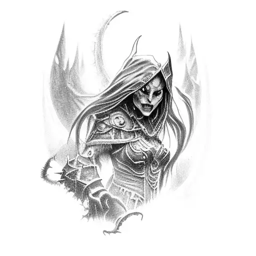 A haunting portrait of Sylvanas, the Banshee Queen tattoo design idea