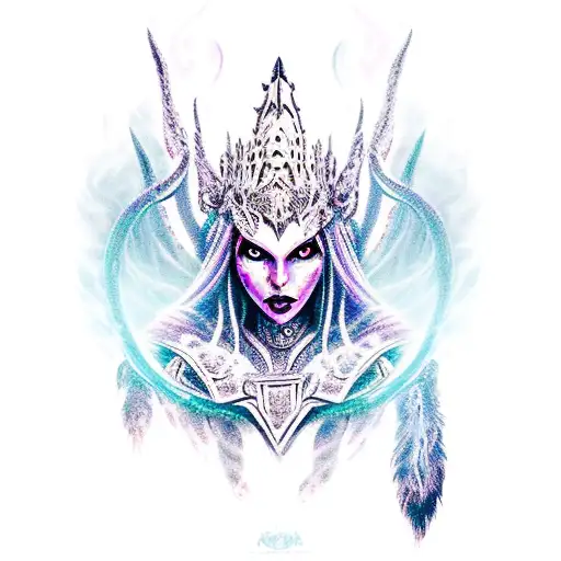 Banshee Sylvanas as a fierce warrior queen leading an army of mythical creatures tattoo design idea