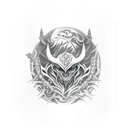 A mysterious blackwork design featuring the iconic weapons of Sylvanas and Arthas tattoo design idea