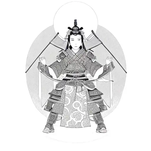 A female samurai with intricate armor and a lotus flower in her hand tattoo design idea