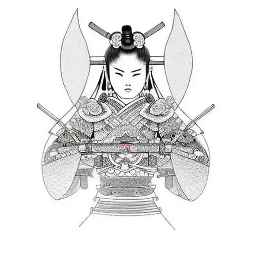 A female samurai with intricate armor and a lotus flower in her hand tattoo design idea
