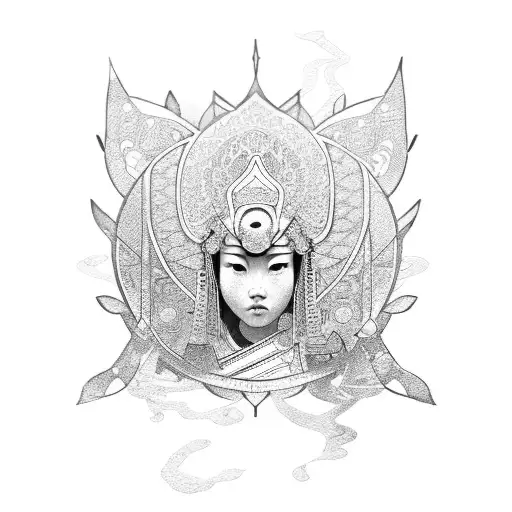 A female samurai with intricate armor and a lotus flower in her hand tattoo design idea