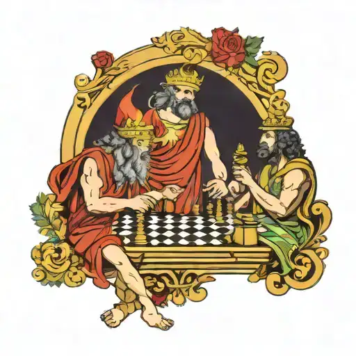 Roman god mars playing chess with Bacchus God of Wine tattoo design idea