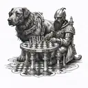 a dog and mars the god of war playing chess where the queen is a glass of wine and the dog is playing scholars mate  tattoo design idea