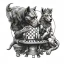 a dog and mars the god of war playing chess where the queen is a glass of wine and the dog is playing scholars mate  tattoo design idea