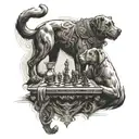 a dog and mars the god of war playing chess where the queen is a glass of wine and the dog is playing scholars mate  tattoo design idea