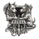 a dog and mars the god of war playing chess where the queen is a glass of wine and the dog is playing scholars mate  tattoo design idea